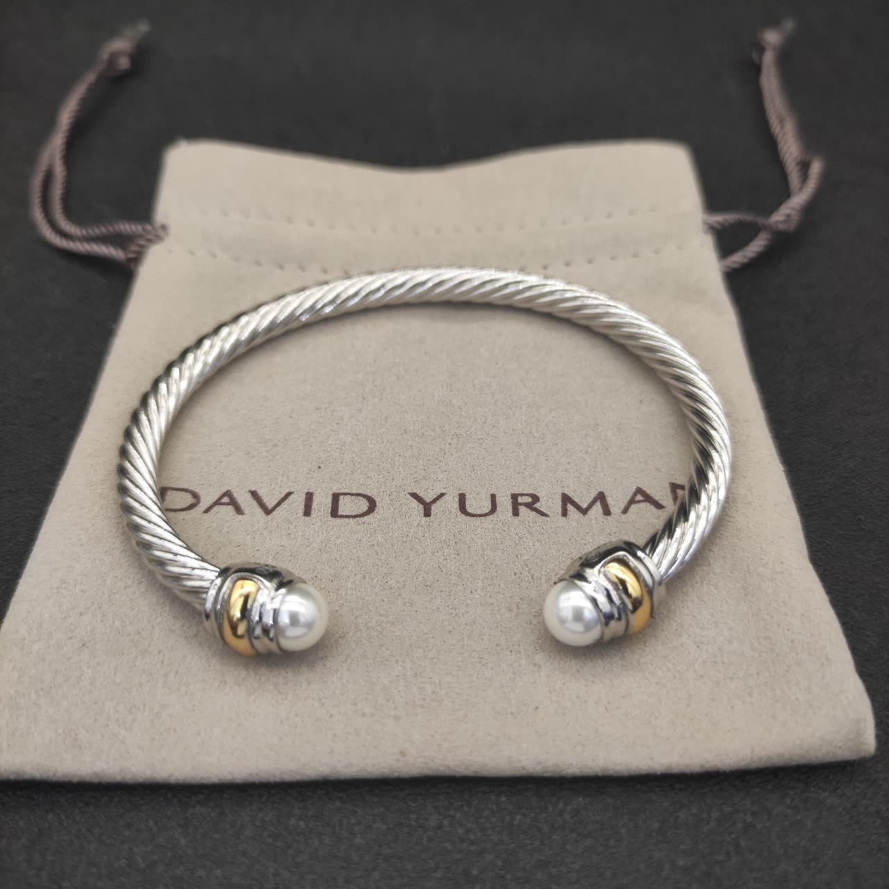 David Yurman Silver Cable Wire Bangle Bracelet with Pearl Ends